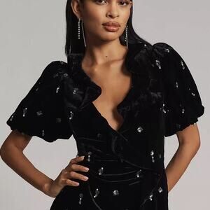 Anthropologie Maeve Black Velvet Embellished Ruffle Blouse in Size 8